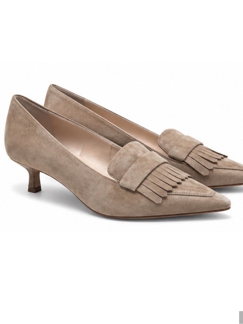 Ann Taylor Suede Loafer Heels Sz 8 Taupe Pointed Toe Fringe Kitten Heel NWOB